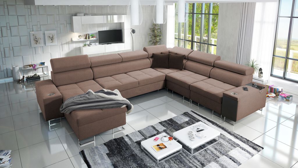 Riesensofa XXL Sofa Wohnzimmer Couch MOREN VIII Big Sofa Ecksofa Ottomane Links Eckcouch mit Schlaffunktion Braun Stoff SAWANA 25