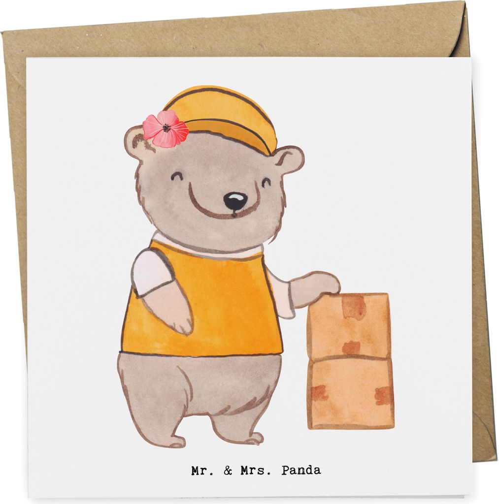 Mr. & Mrs. Panda Grußkarte Lieferdienstmitarbeiterin Herz - Weiß - Geschenk, Klappkarte, Glückwunschkarte, Pizzabringdienst, Lieferbringdienst, ...
