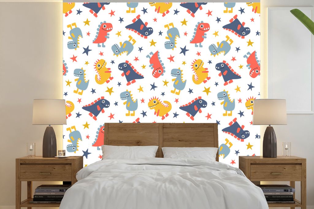 MuchoWow Fototapete für Wohnzimmer oder Schlafzimmer Wandtapete Vinyl Motivtapete Muster - Dino - Sterne - Jungen - Baby - Kinder - Kinder - 280...