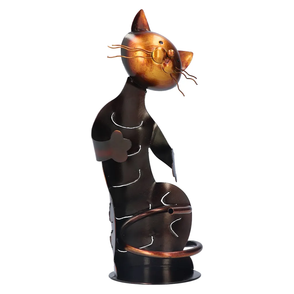 Statue de chat porte-bouteille en fer - Sculpture métal déco de table