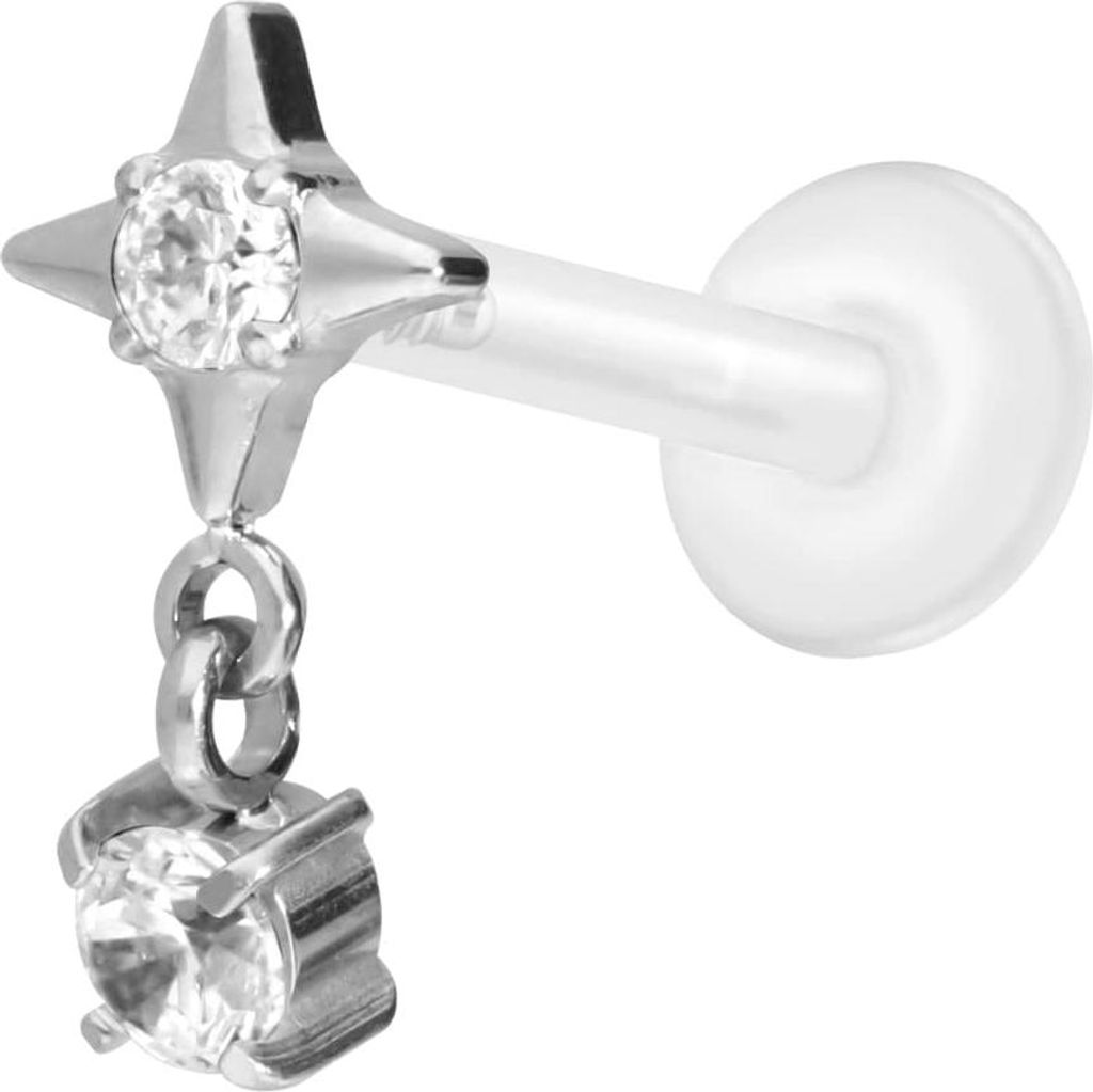 Ohrpiercing, Nasenpiercing PTFE Labret mit Innengewinde + Titan-Aufsatz STERN + KRISTALL Silber Stablänge: 10mm | Stabstärke: 1,2mm