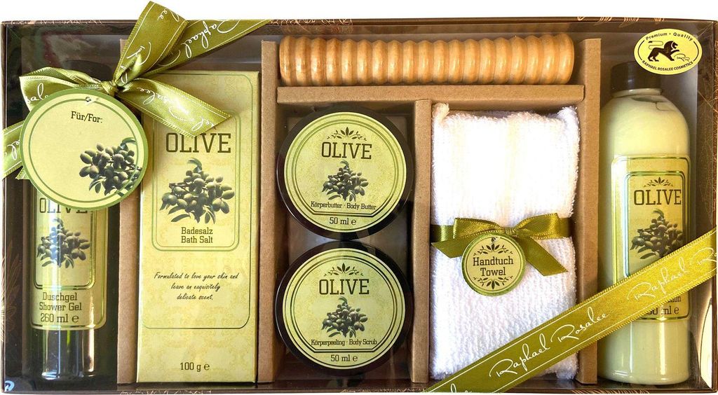 RAPHAEL ROSALEE COSMETICS Bade- und Pflegeset Olive No. 047 (7-teilig) mit Olive – Bade-Geschenkset mit Massageroller, Handtuch, Peeling uvm.