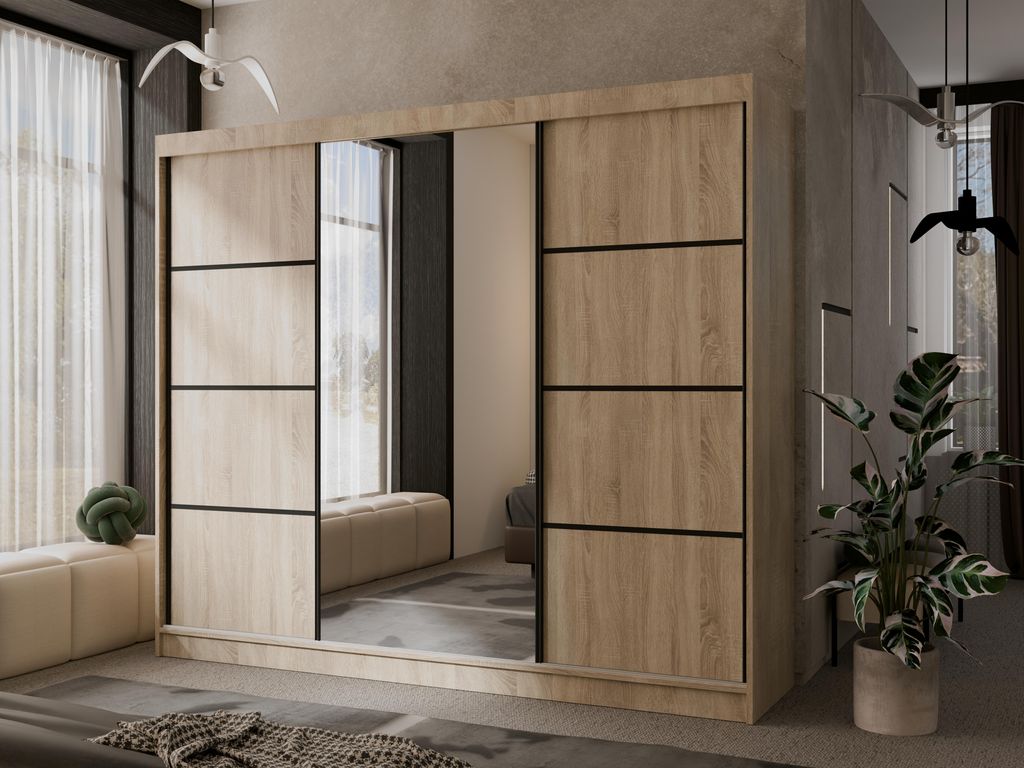 Modern Kleiderschrank mit Spiegel Matteo II 250 cm Spiegelschrank mit 3 Schiebetüren weiß Schrank Garderobenschrank, Farbe: Eiche Sonoma, Schwarz...