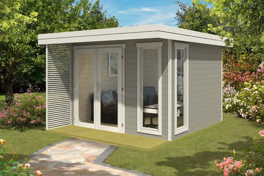 Alpholz Gartenhaus Aldo-28 D aus Holz (Naturbelassen) mit 28 mm Wandstärke, Größe: 298 x 298 cm + 80cm, Flachdach