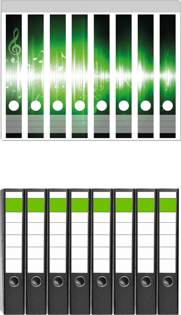Wallario 8 Stück schmale Ordner inkl. Klebeetiketten mit Motive Grüne Noten der Musik - Set mit Rückenschildern / Ordnerrücken Stickern