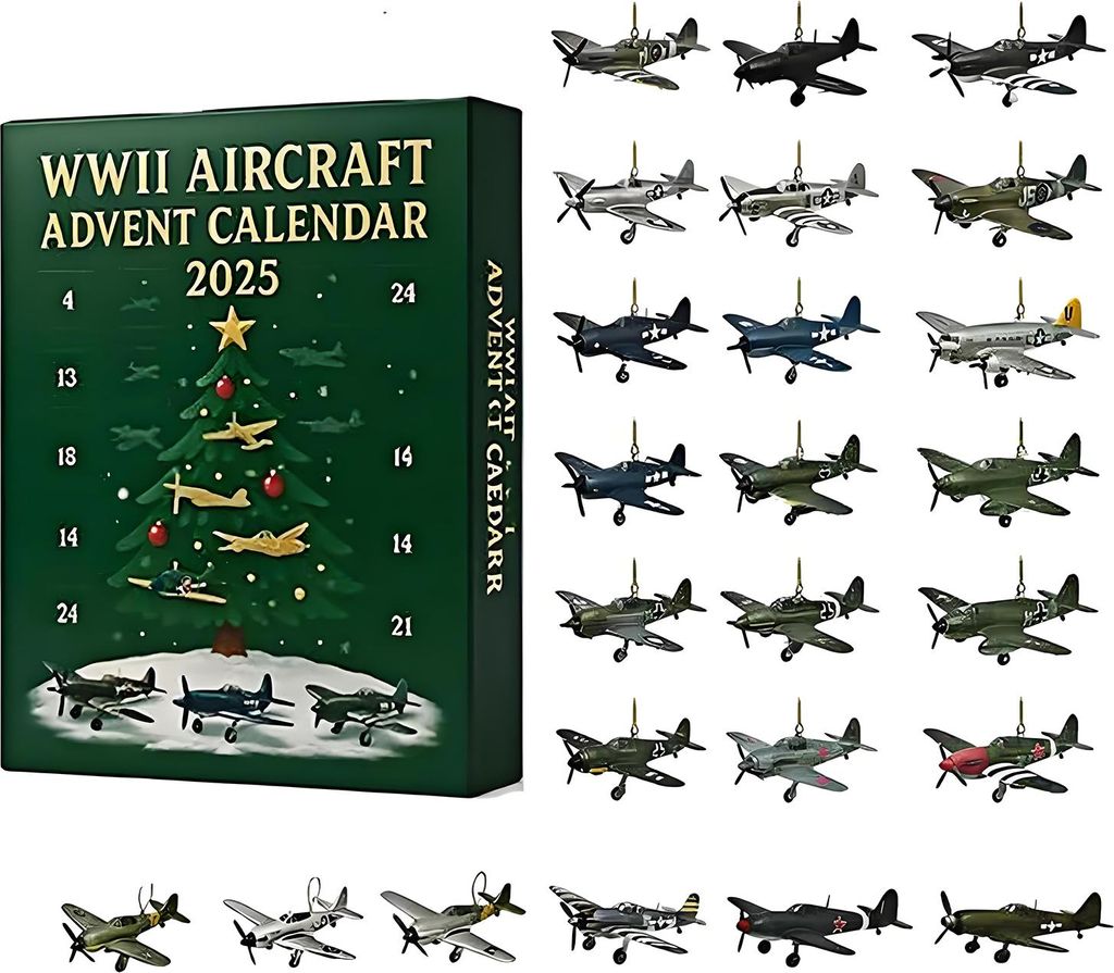 Adventskalender 2025 mit Flugzeugmotiven aus dem Zweiten Weltkrieg: 24-tägiger Countdown-Kalender mit Anhängern von 24 Jagdflugzeugen – Miniatu...