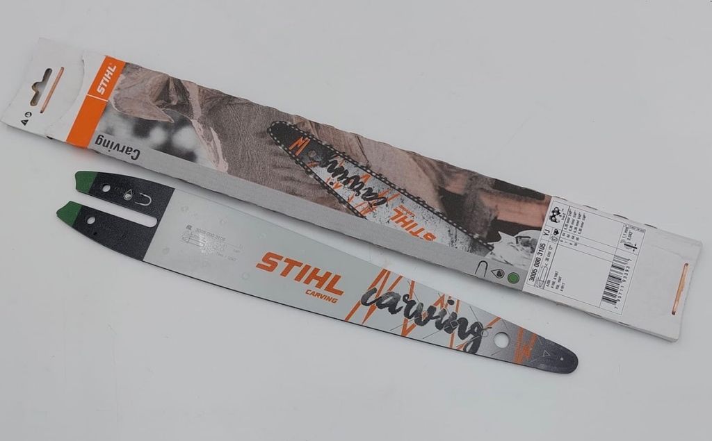 A STIHL carving chainsaw bar and its packaging are displayed on a white background.