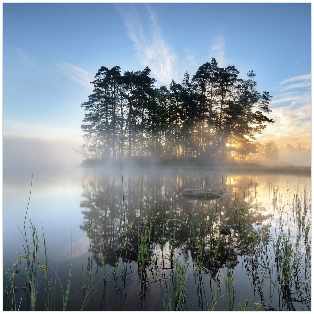 Wallario Magnet für Kühlschrank / Geschirrspüler, magnetisch haftende Folie - 60 x 60 cm, Motiv: Stiller See mit Insel im Morgennebel