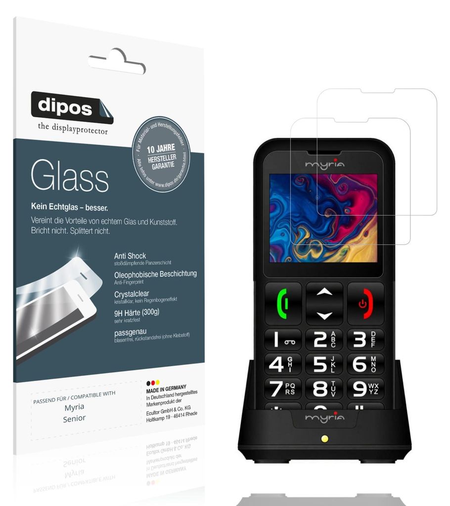 2x Schutzfolie für Myria Senior - Anti-Shock 9H Folie dipos Glass Kunststoffglas
