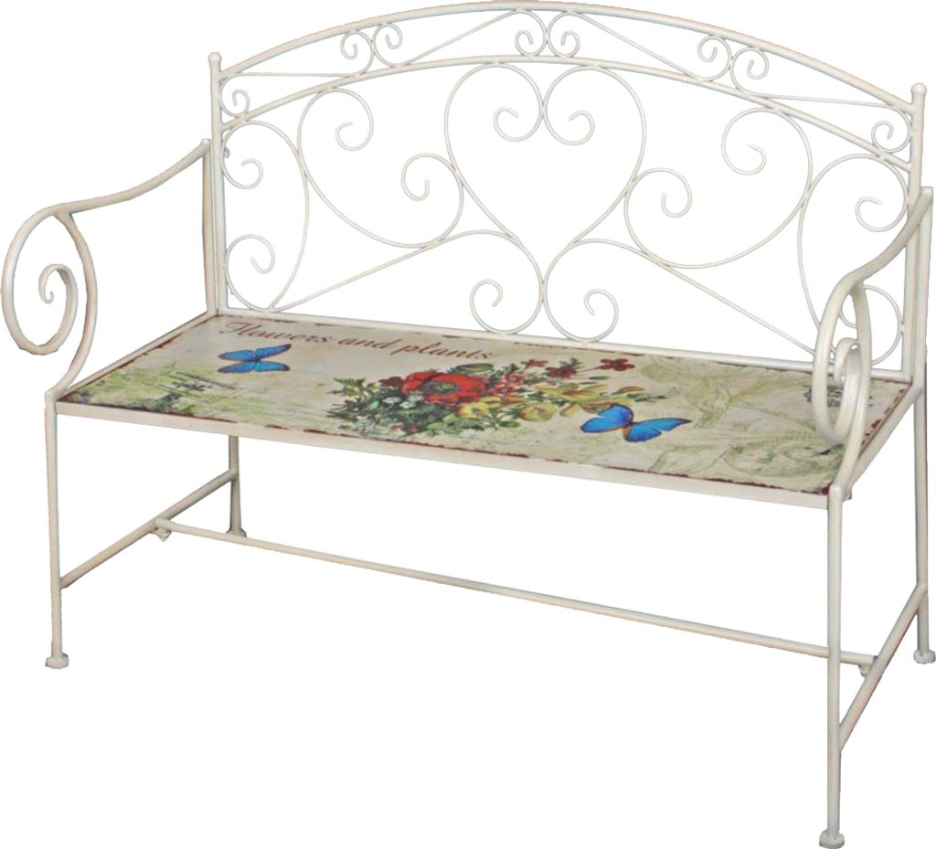 A white metal garden bench with a floral and butterfly print on the seat.