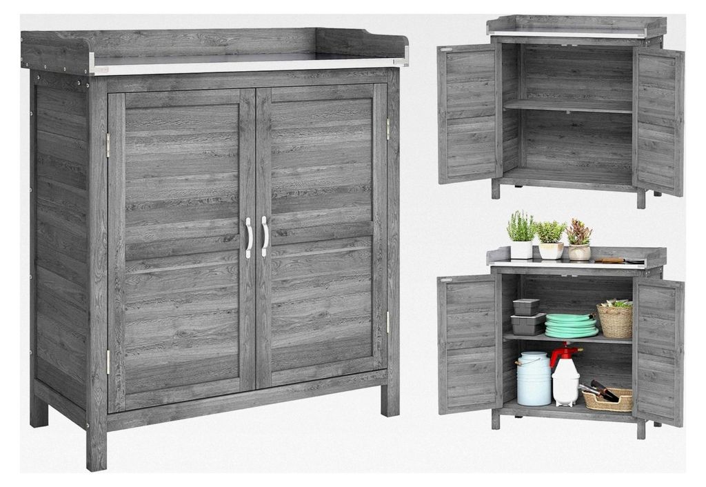 Gartenschrank mit Pflanztisch aus Holz, Geräteschuppen mit verzinkter Arbeitsplatte und 2 Regalböden, wetterfester Geräteschrank für Garten und...
