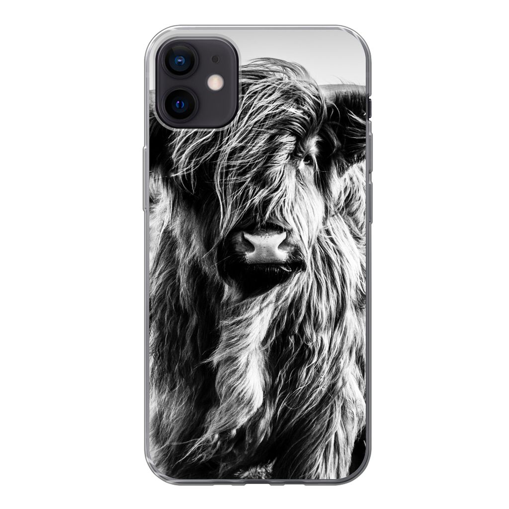 MuchoWow Handyhülle Schutzhülle Hülle für iPhone 12 mini Schottischer Highlander - Natur - Kuh - Schwarz - Weiß Silikon Softcase Handy Hüll...