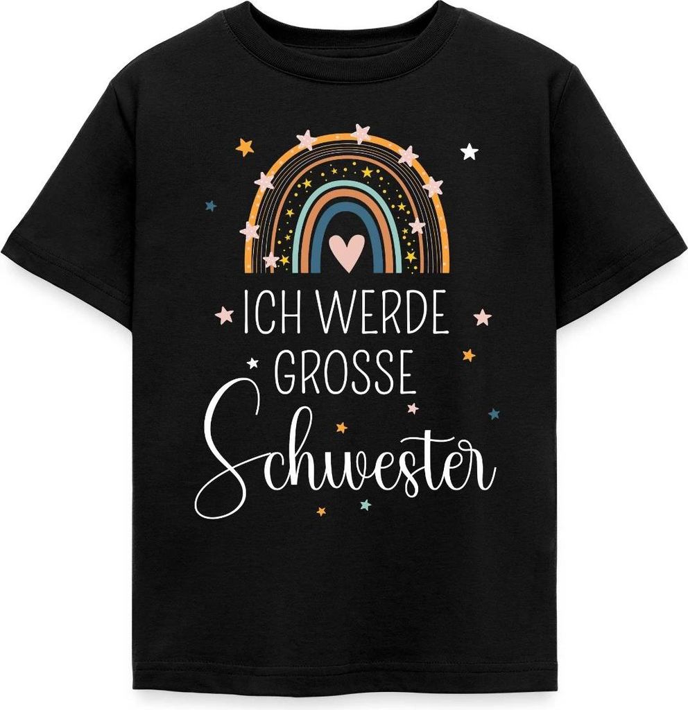 Spreadshirt Ich Werde Große Schwester Regenbogen Kinder T-Shirt, 122/128 (7-8 Jahre), Schwarz
