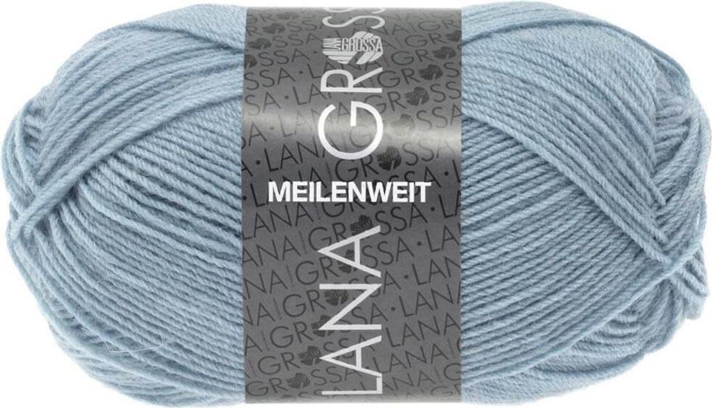 A ball of light blue yarn with a label wrapped around it.