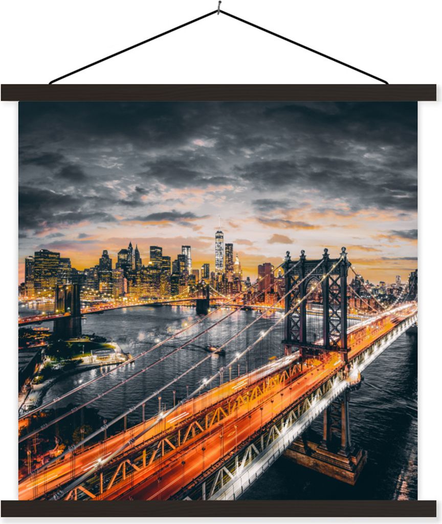 MuchoWow Textilposter New York - Orange - Brücke 60x60 cm mit schwarzem Rahmen - Posteraufhänger