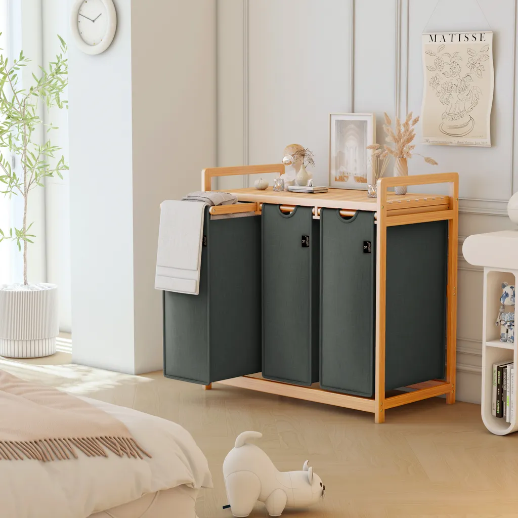 AdelDream Panier à Linge 150L en Bambou Gris avec 3 Compartiments - 9