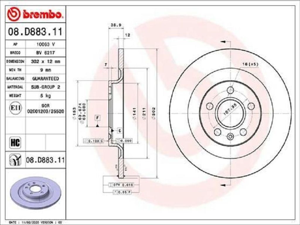 2x BREMBO Bremsscheibe 08.D883.11 für VOLVO XC40 (536) 37mm Produktbild 
