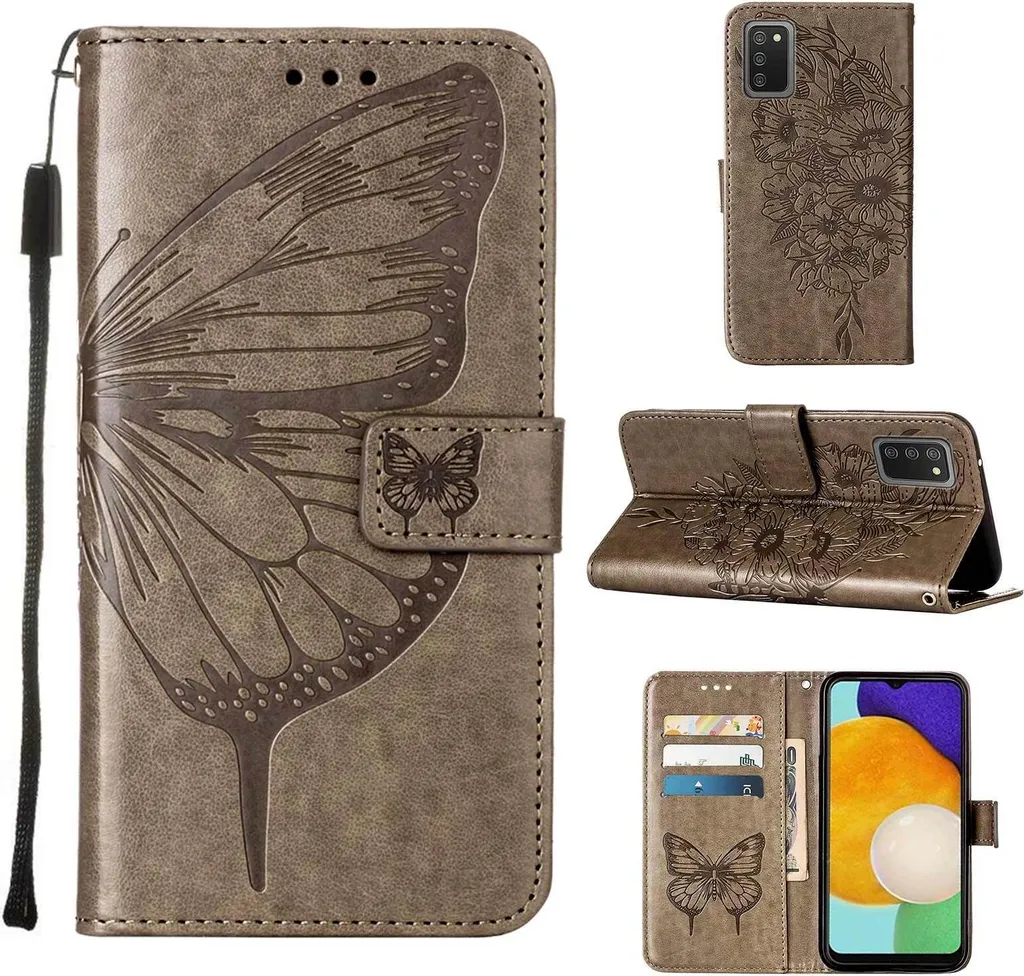 Custodia Elegante Samsung A03s Grigia | Cover Farfalle in Rilievo