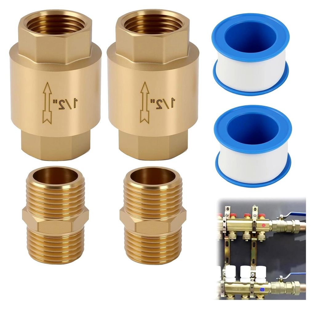 2 Stück Rückschlagventil 1/2 Zoll Messing Rückflussverhinderer DN15 mit Doppelnippel 1/2 Zoll und Teflonband für Pumpen, Waschmaschinen, Garten...