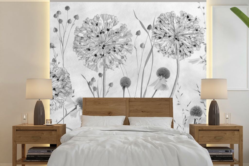 MuchoWow Fototapete für Wohnzimmer oder Schlafzimmer Wandtapete Vinyl Motivtapete Ölgemälde - Stilleben - Schwarz - Weiß - 240x240 cm - Schla...