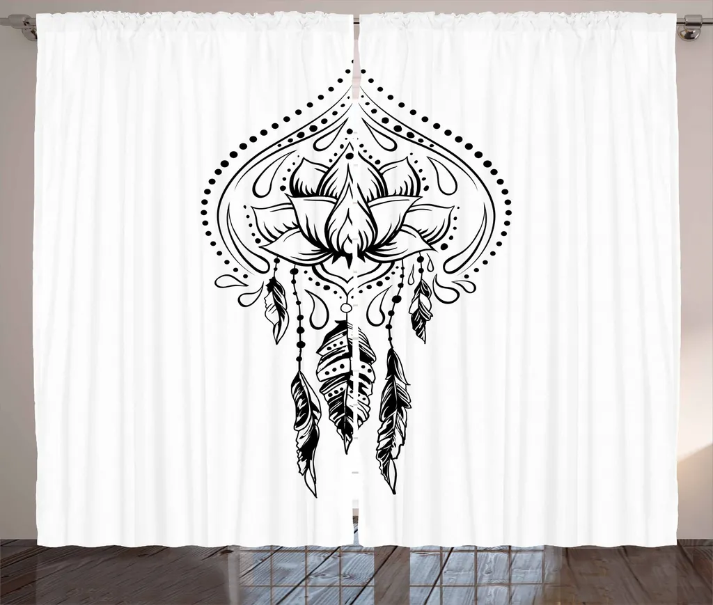 ABAKUHAUS Tenda rustica, disegno Doodle Paisley, tenda con passanti e ganci per camera da letto, 280 x 175 cm, bianco e nero