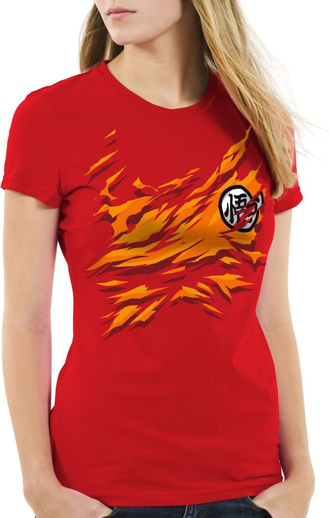 style3 Goku Brust Damen T-Shirt songoku dragon z super saiyan turtle ball, Farbe:Rot, Größe:M