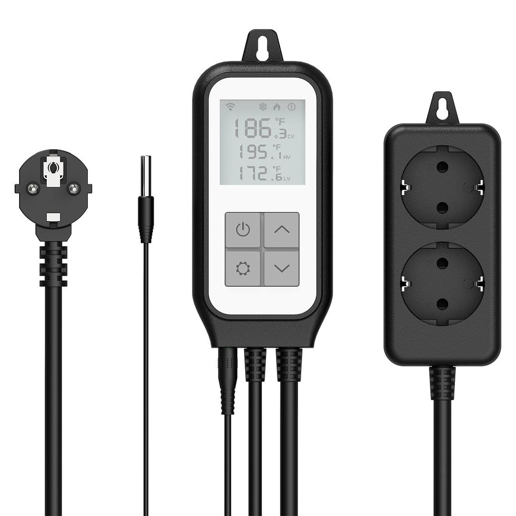 Intelligente Temperaturregelungsbuchse Digitalanzeige WIFI-Temperatursensor-Thermostat Dual-Relais-Thermometer zum Brauen, Brueten, Reptilien, Schl...