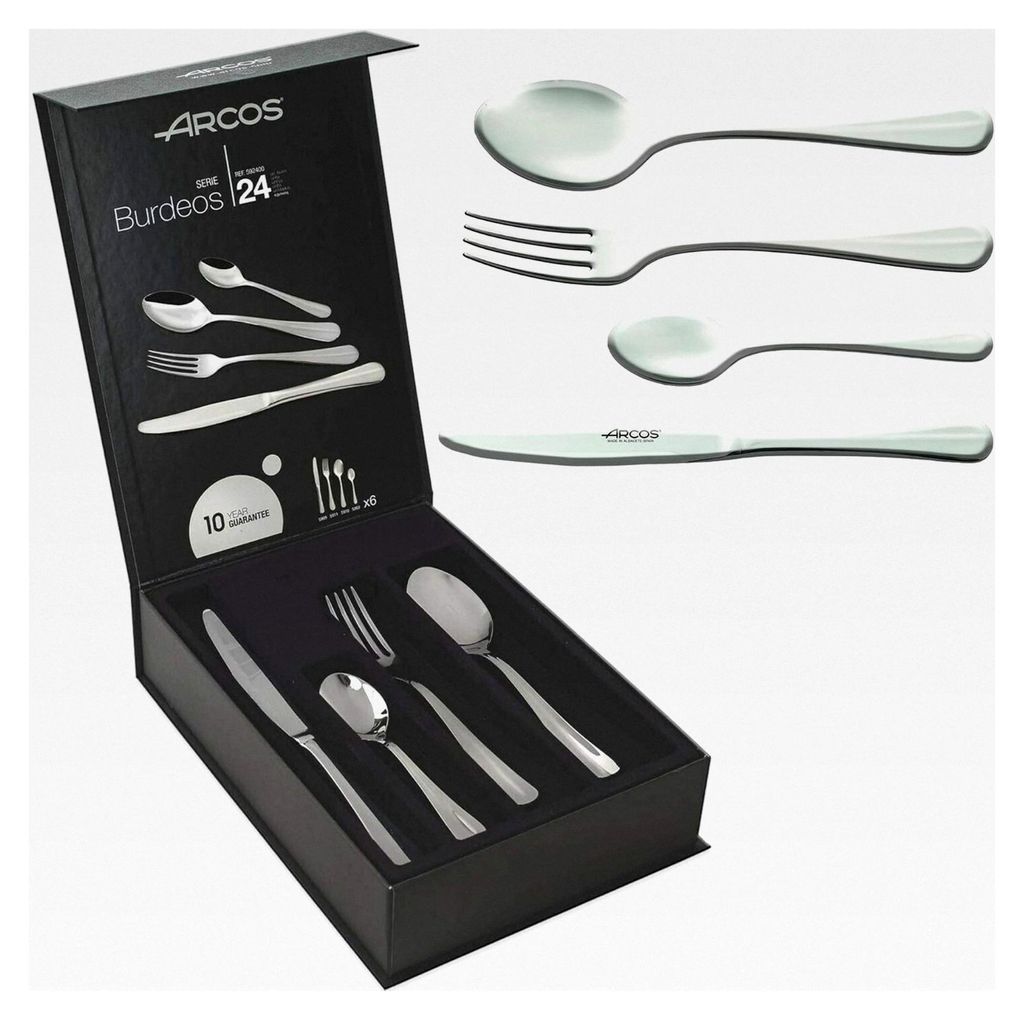 Burdeos-Serie - Geschenkbox Besteck-Set 24 Teile (6 Messer, 12 Löffel, 6 Gabeln) - Monoblock aus Edelstahl in Silber