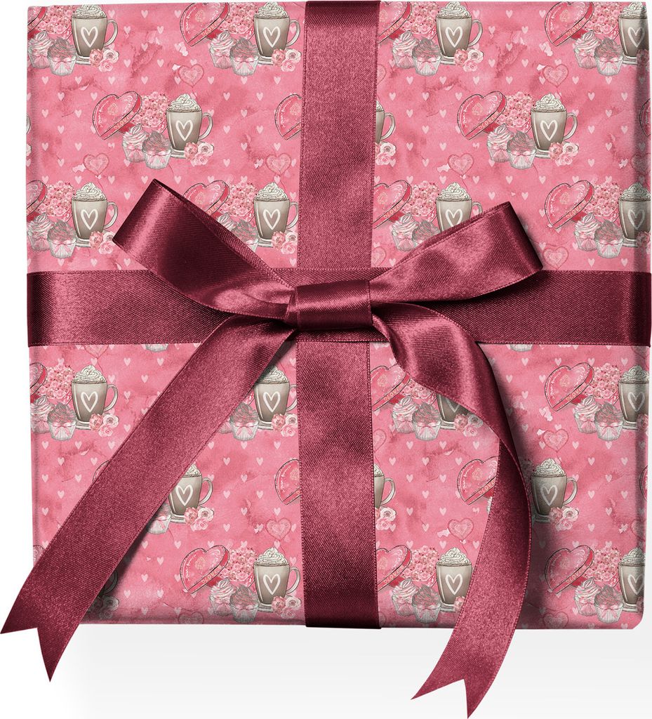 Romantisches Valentins Geschenkpapier mit Herzen und Kaffee-Tassen, rosa - G22113, 32 x 48cm