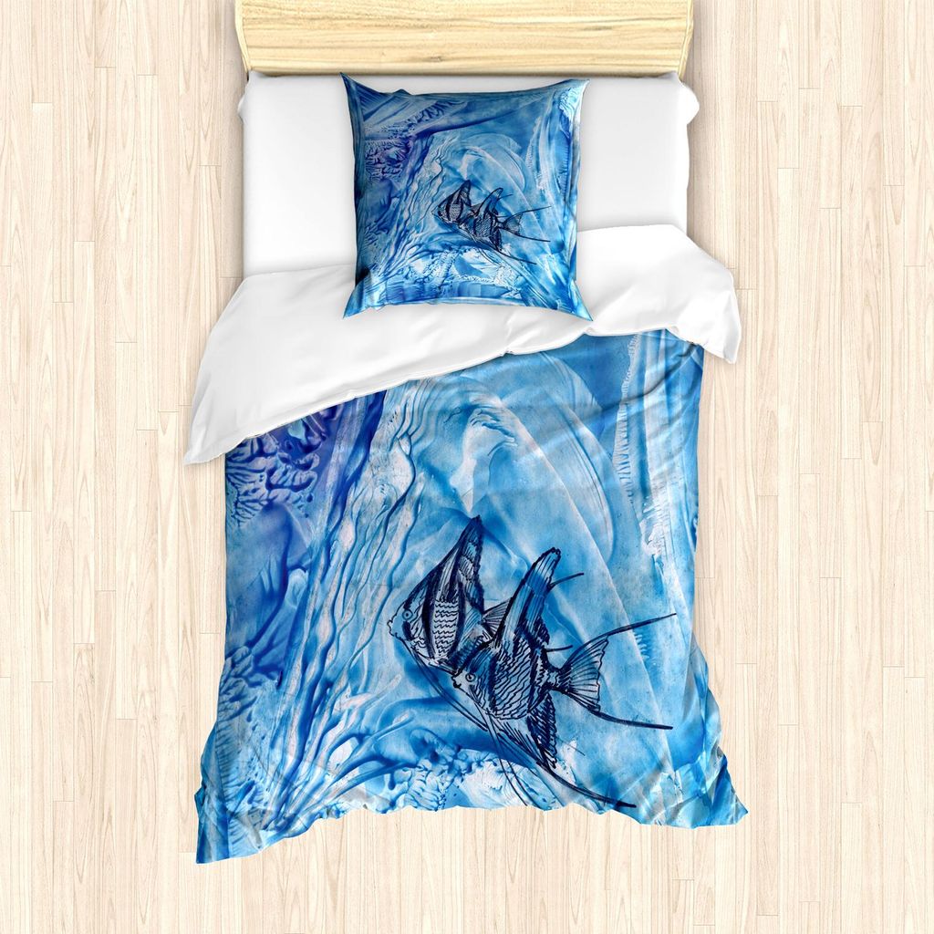 ABAKUHAUS Aquarell-Blumen Bettbezug Set, Kleiner Fisch-gruseliger Schnee-Abdeckungs-Eis-Kristalllabyrinth-Wasser-Ozean inspirierte Kunst, 135 x 200...