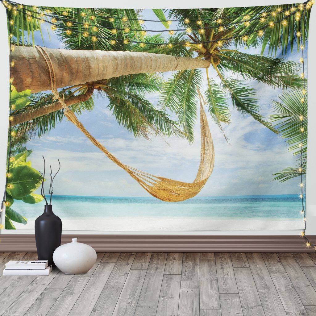 ABAKUHAUS Strand Wandteppich, Ozean Sandy Shore Palm, Wohnzimmer Schlafzimmer Heim Seidiges Satin Wandteppich, 200 x 150 cm, Creme Grün Blau