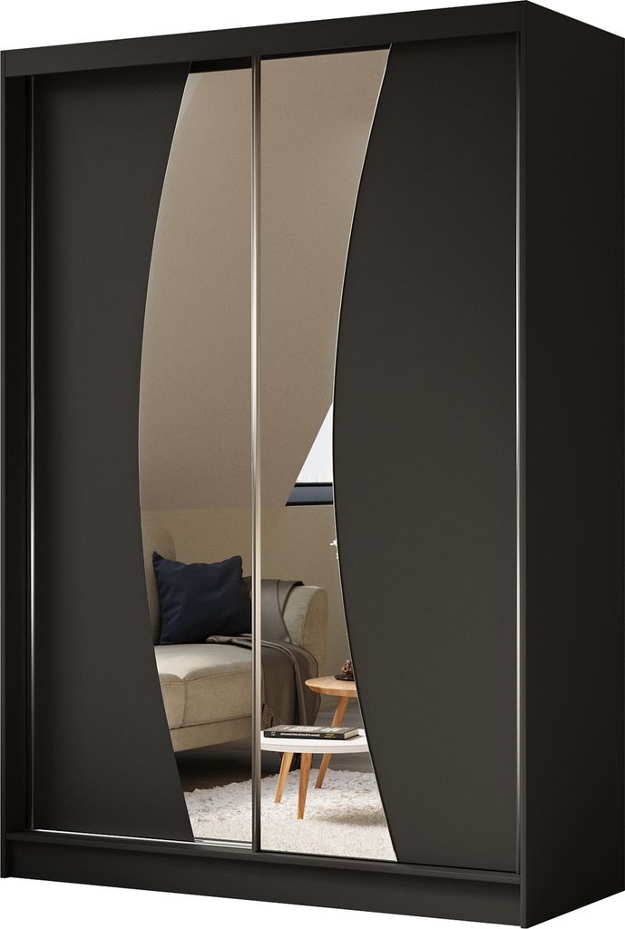 ALTDECOR Kleiderschrank mit Spiegel und Schiebetüren VOXI, kugelgelagerte Führungsschienen und Aluminium-Leisten 150 cm Schwarz