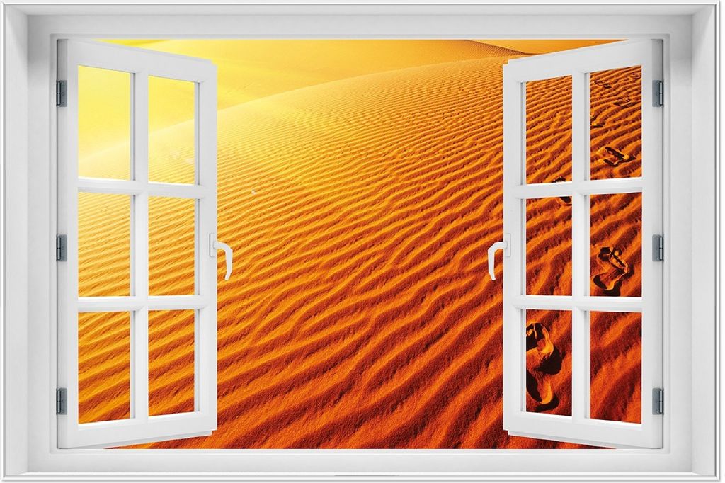 Wallario Wandbild mit Fenster-Illusion: Fußspuren im Sand - Sanddüne in der Wüste, Größe: 61 x 91,5 cm, Poster mit weißem Aluminiumrahmen