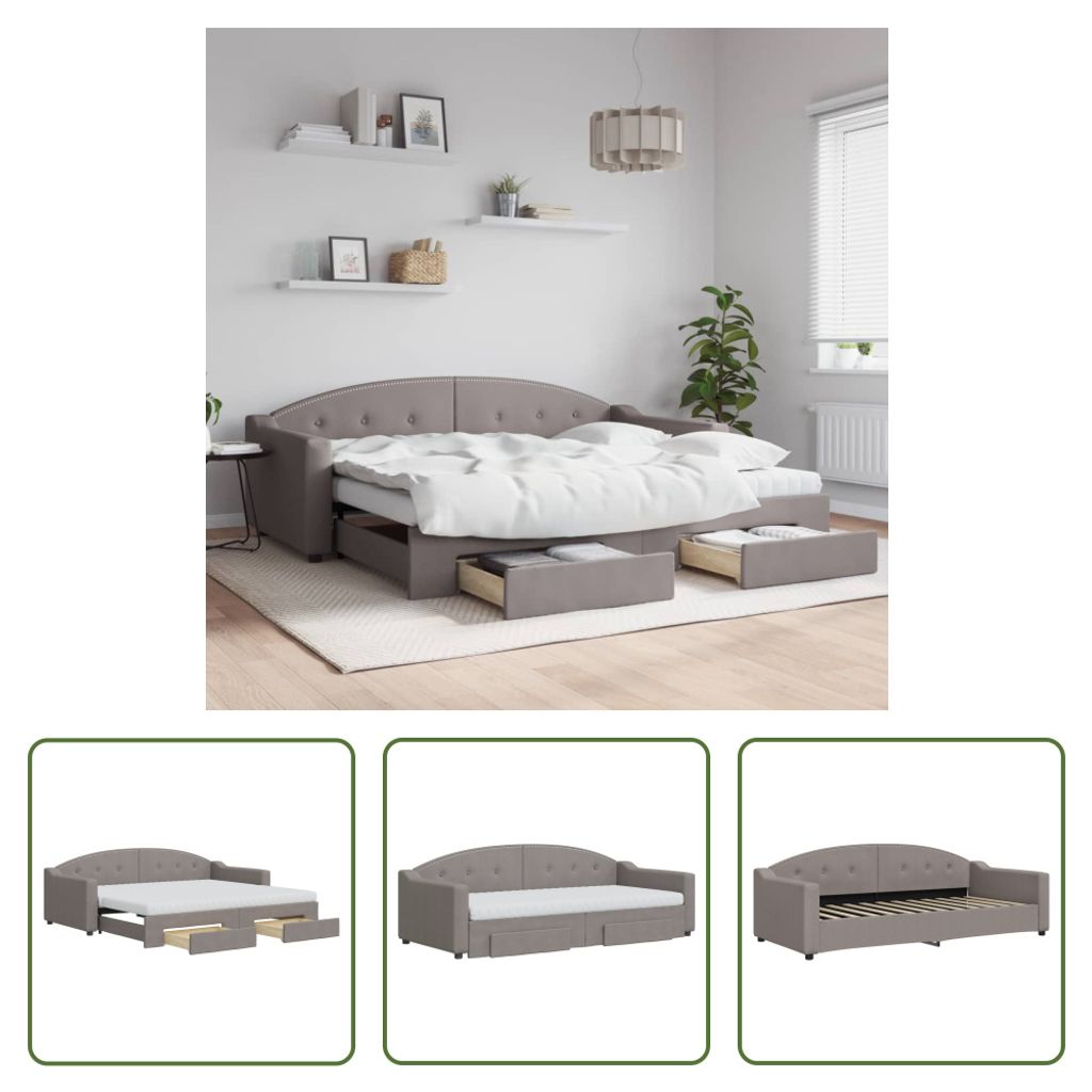 The Living Store Tagesbett Ausziehbar mit Schubladen Taupe 90x200 cm Stoff