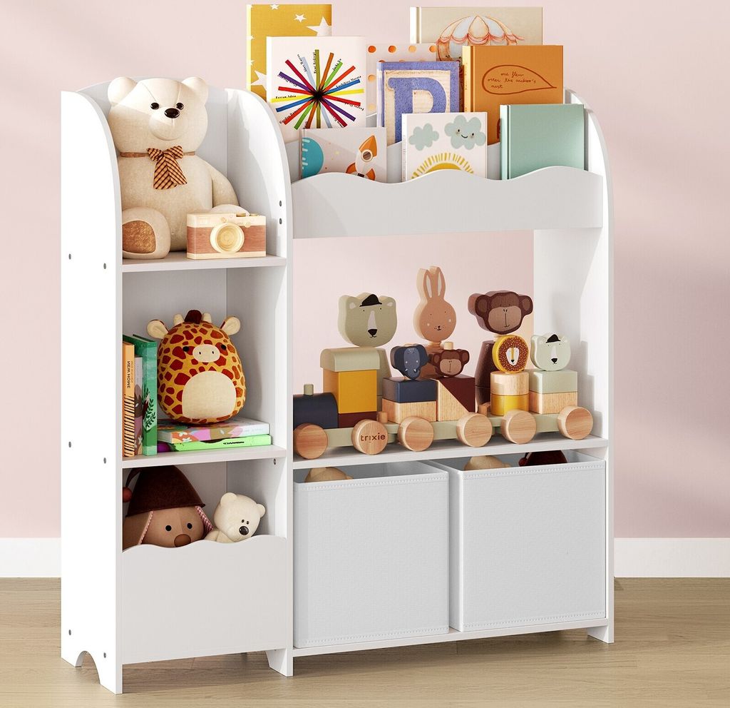 SONGMICS Bücherregal Kinder, Kinderregal, Spielzeugregal mit 2 Aufbewahrungsboxen, für Bücher, Kinderzimmer, Spielzimmer, Wohnzimmer, wolkenweiß