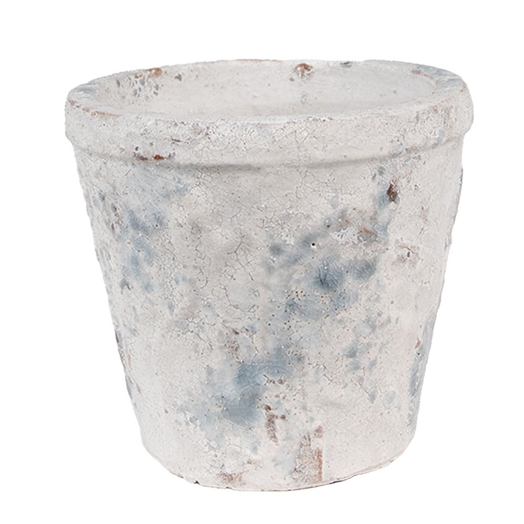 A close-up studio shot of a single, weathered terracotta pot with a distressed white and blue finish.