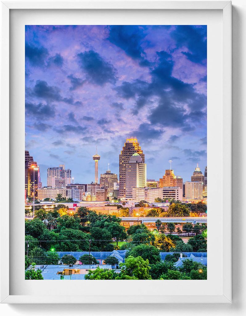 Stadtbild von San Antonio– Wandbild mit Rahmen – Gerahmtes Bild – Wanddekoration – 60x80 cm – Weiß Rahmen