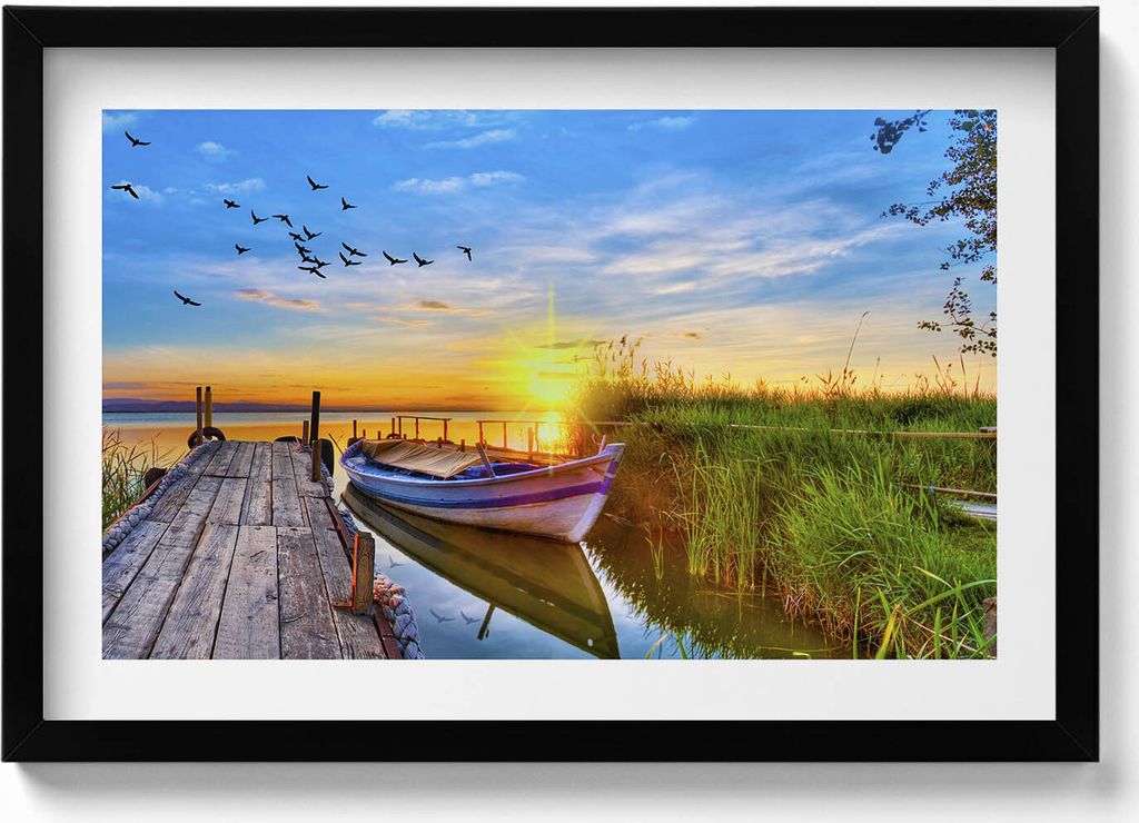 Blick auf den See und Sonnenuntergang– Wandbild mit Rahmen – Gerahmtes Bild – Wanddekoration – 60x40 cm – Schwarz Rahmen