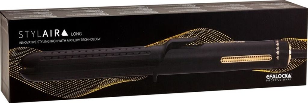 A black product box with gold accents, featuring an image of a black and gold hair styling iron.