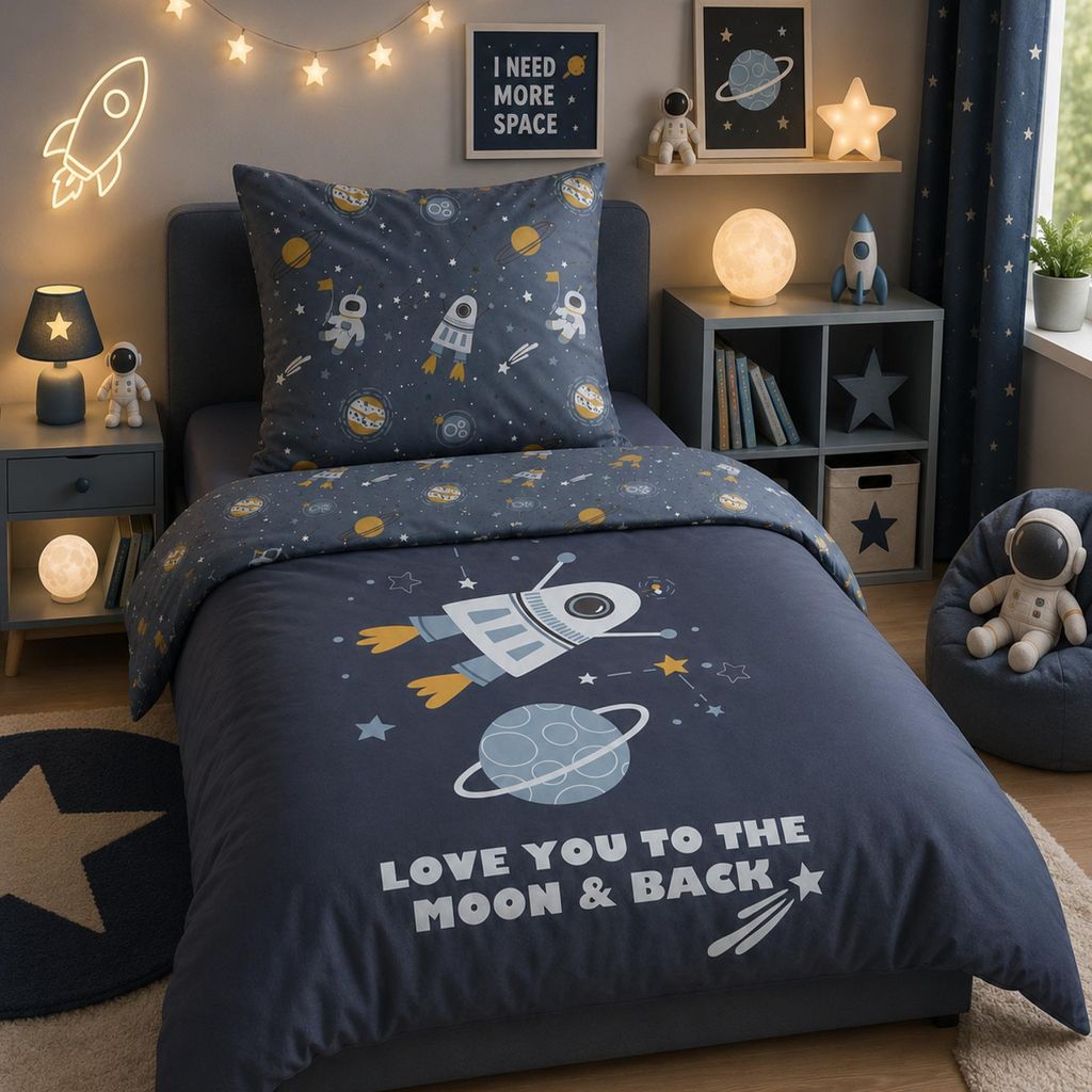 Kinderbettwäsche Rakete Planeten 135x200 80x80 cm Weltall Bettwäsche Blau aus 100% Baumwolle