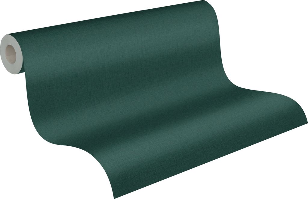 A roll of dark green wallpaper is shown against a white background, with the paper unrolling diagonally.
