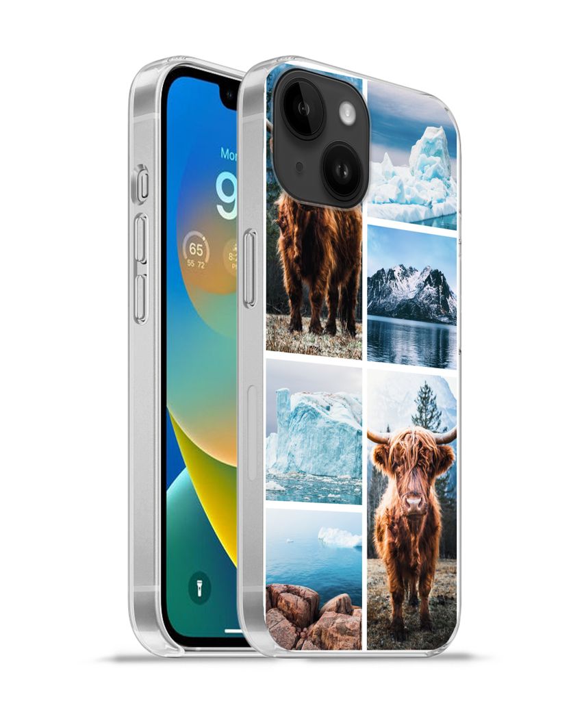 MuchoWow Handyhülle Schutzhülle Hülle für Apple iPhone 14 - Softcase Schottischer Highlander - Eiscreme - Collage Silikon Softcase Handy Hül...