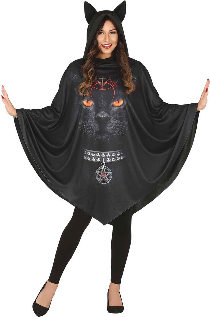 Halloween Hexenkatze Poncho Umhang Kapuze Damen Kostüm Accessoire, Größe: 42 - 44 (L) Farbe: Schwarz