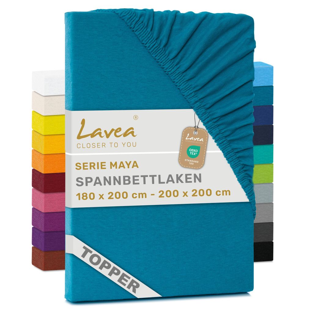 Lavea Topper Spannbettlaken 180x200 cm - 200x200 cm Maya Jersey, Bettlaken 100% Baumwolle, Bettbezug Matratzen bis 10 cm, Spannbettücher, Aquamarin