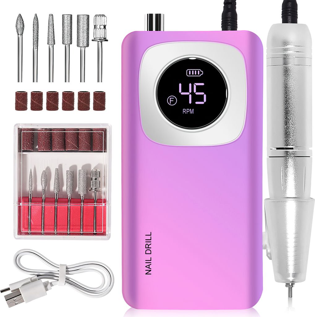 Tragbare Elektrische Nagelfräser mit LCD-Anzeige, 45000 RPM & 6 Aufsätzen, Bunt