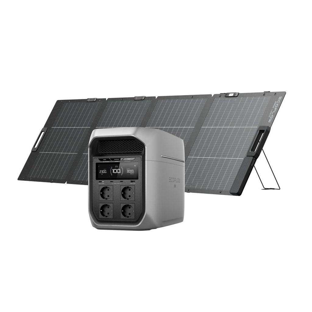 ECOFLOW DELTA 3 Max Plus tragbare Powerstation 2 048 Wh mit 220W Bifazialem Solarpanel, 3 000 W AC-Ausgang, 1000 W Solareingang, LiFePO4 Batterie