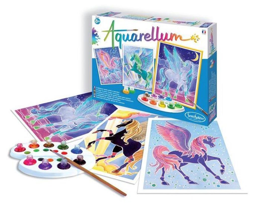 Aquarellfarben Set, SENTOSPHERE Aquarellum Pégases, 9 Farben, 3 Bilder, Velinpapier, Ab 7 Jahren