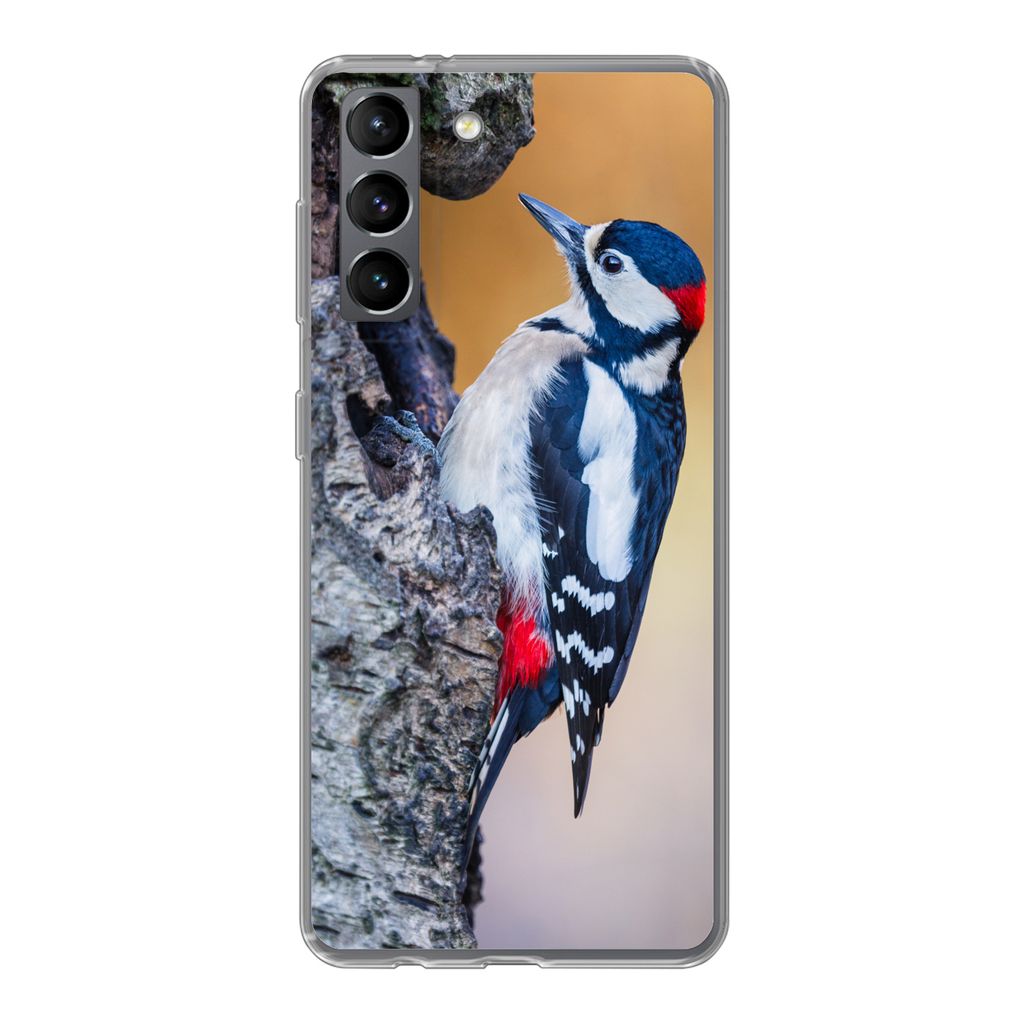 MuchoWow Handyhülle Schutzhülle Hülle für Samsung Galaxy S21 Nahaufnahme eines Buntspechts auf einem Baumstamm Silikon Softcase Handy Hülle ...
