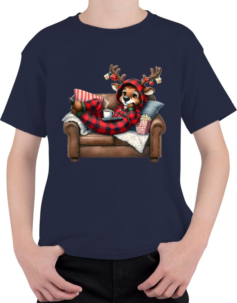 Rentier Karo Schlafanzug gemütlich Weihnachten Kinoabend Geschenk Uni Kinder T-Shirt, Navy, 116