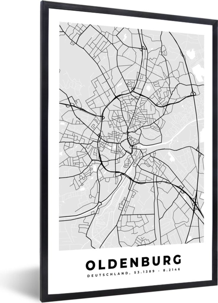 MuchoWow Gerahmtes Poster Stadtplan - Stadtplan von Oldenburg - Deutschland 20x30 cm - Poster mit Schwarzem Bilderrahmen Wandposter Rahmen Foto B...